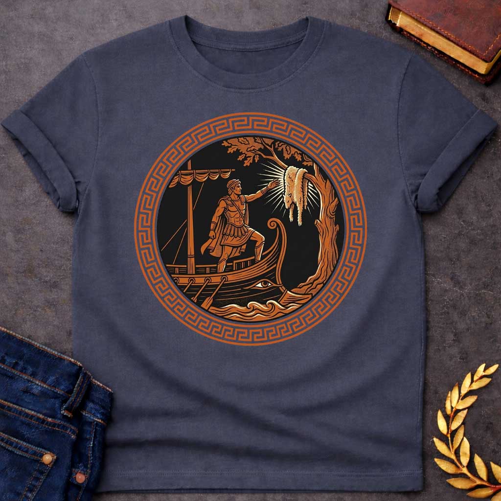 Dark Heather T-shirt with An ancient Greek pottery-style emblem t-shirt design. Inside a prominent terracotta circular frame featuring a classic meander key pattern, a black-figure style illustration depicts a muscular hero standing on the prow of a wooden ship. He reaches a hand out toward the glowing Golden Fleece hanging from a nearby tree branch, rendered in a bold black, white, and terracotta palette.
