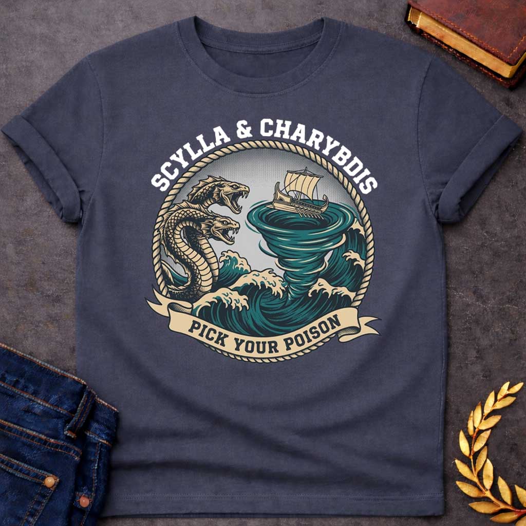 Dark Heather t-shirt with A nautical, vintage-style graphic depicting Greek mythology. Encased in a circular rope frame, a wooden ship is caught on stormy teal waves between a multi-headed sea monster and a massive swirling whirlpool. Bold text arched along the top reads "SCYLLA & CHARYBDIS", while a beige scroll banner at the bottom displays the phrase "PICK YOUR POISON" in a dark block font.