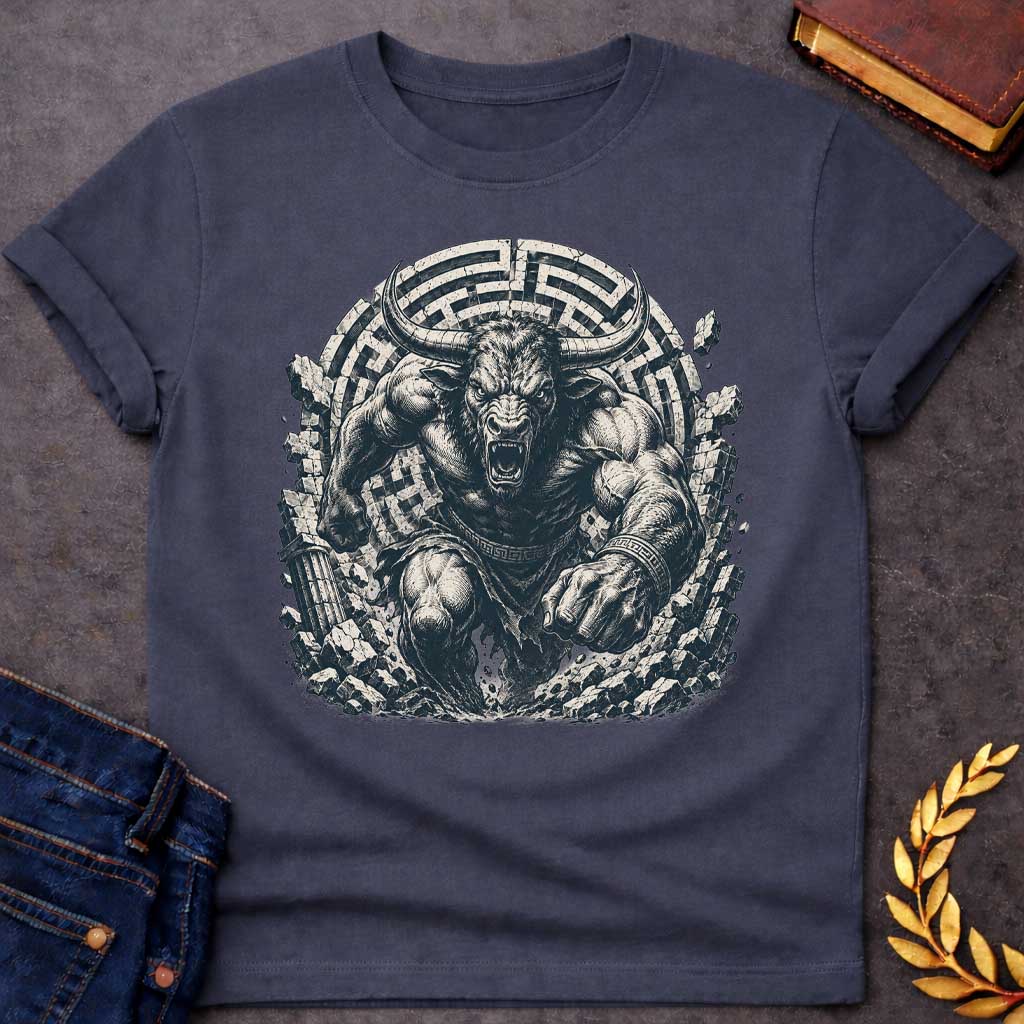 Dark Heather T-shirt with An intense, detailed engraving-style graphic. A powerful, muscular Minotaur with sharp horns and a roaring, ferocious expression bursts forward through a crumbling stone wall. In the background, a large circular labyrinth pattern frames the beast. The character wears ancient Greek-patterned arm bands and a loincloth, captured in a gritty, high-contrast black and white aesthetic