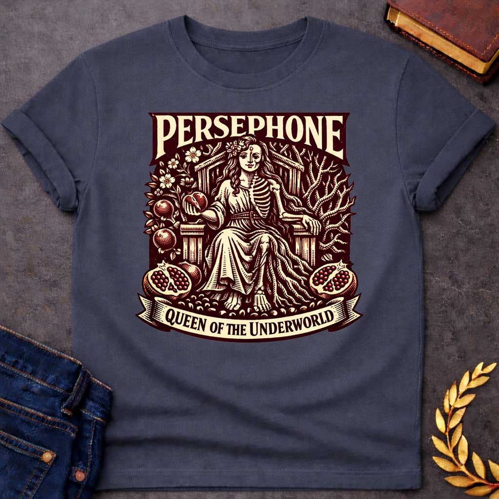 persephone pomegranate greek mythology youth shirt featuring pomegranate, underworld queen symbolism in dark floral mythology design