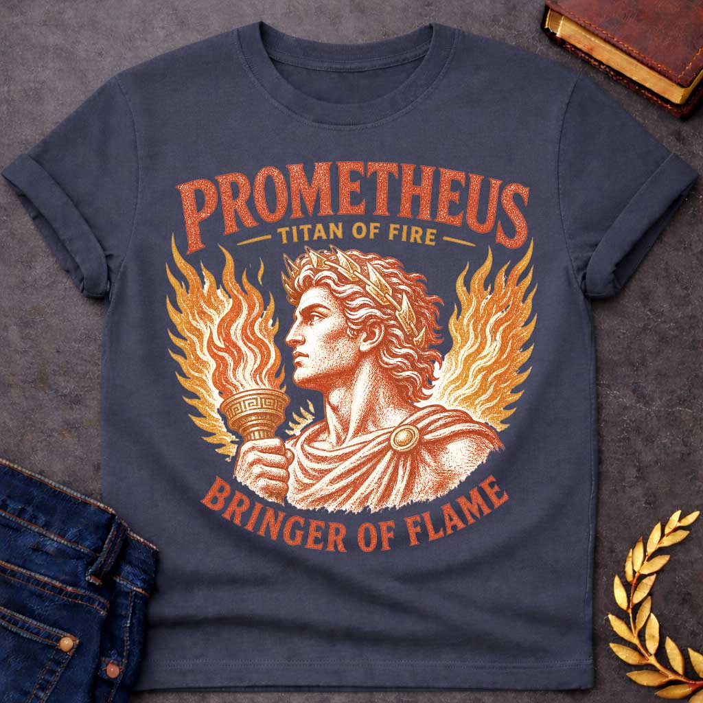 Dark Heather t-shirt with a Vintage Prometheus Greek mythology design featuring the Titan of fire holding a flaming torch, framed by dramatic flames and a laurel crown. Distressed terracotta and gold artwork includes the bold text “Prometheus,” “Titan of Fire,” and “Bringer of Flame,” celebrating the legendary figure who brought fire to humanity.