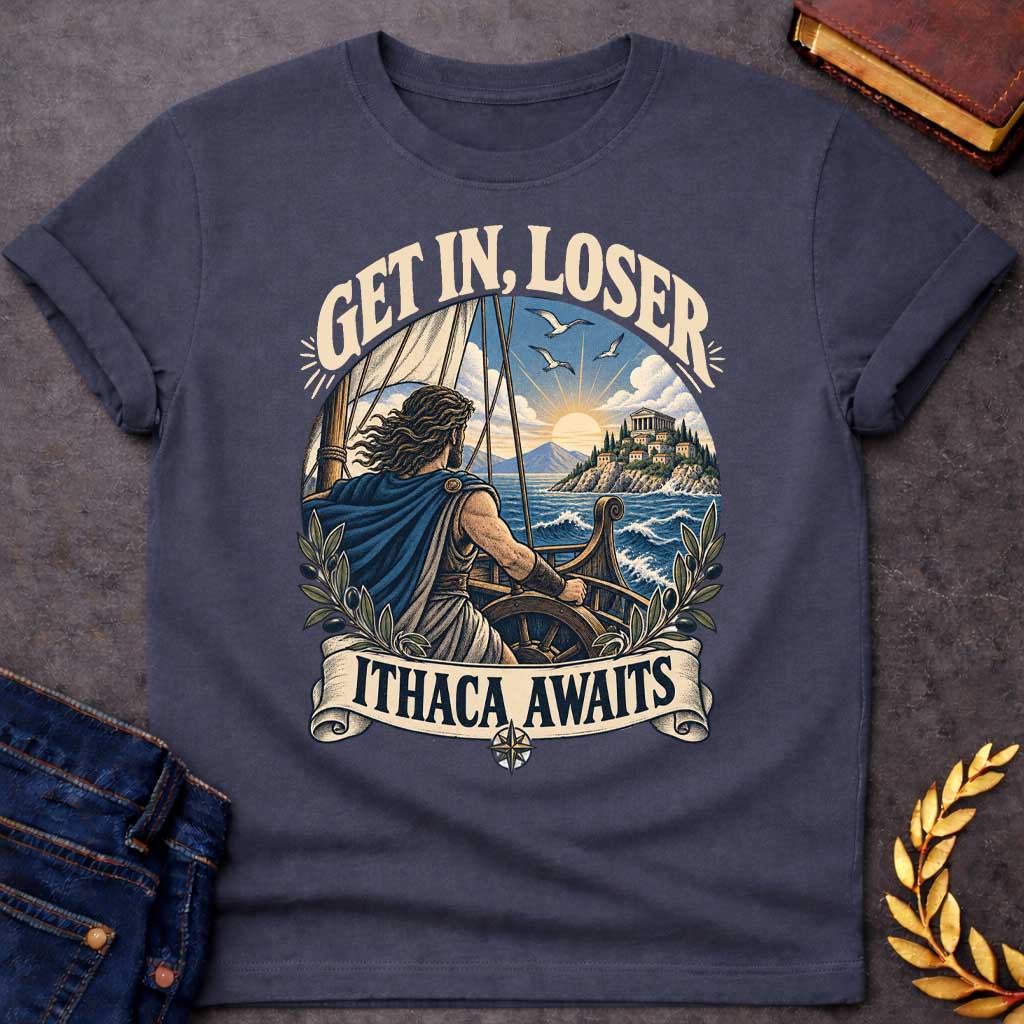 Dark Heather t-shirt with a Vintage Greek mythology design featuring Odysseus sailing toward Ithaca at sunset, surrounded by ocean waves, olive branches, and ancient Greek details. Bold text reads “Get In, Loser” and “Ithaca Awaits,” celebrating The Odyssey and Odysseus’ legendary journey home.