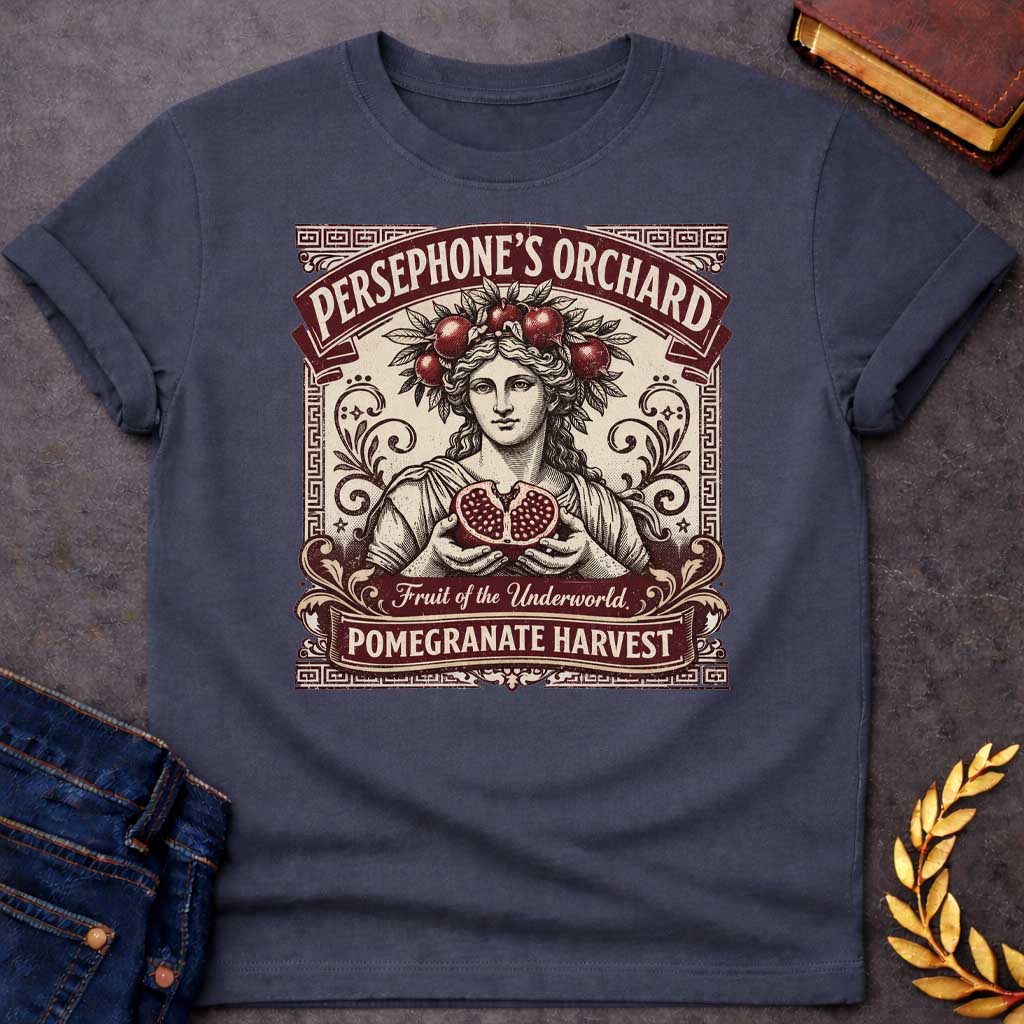 persephone orchard pomegranate harvest greek mythology adult shirt featuring pomegranate, underworld queen symbolism in dark floral mythology design