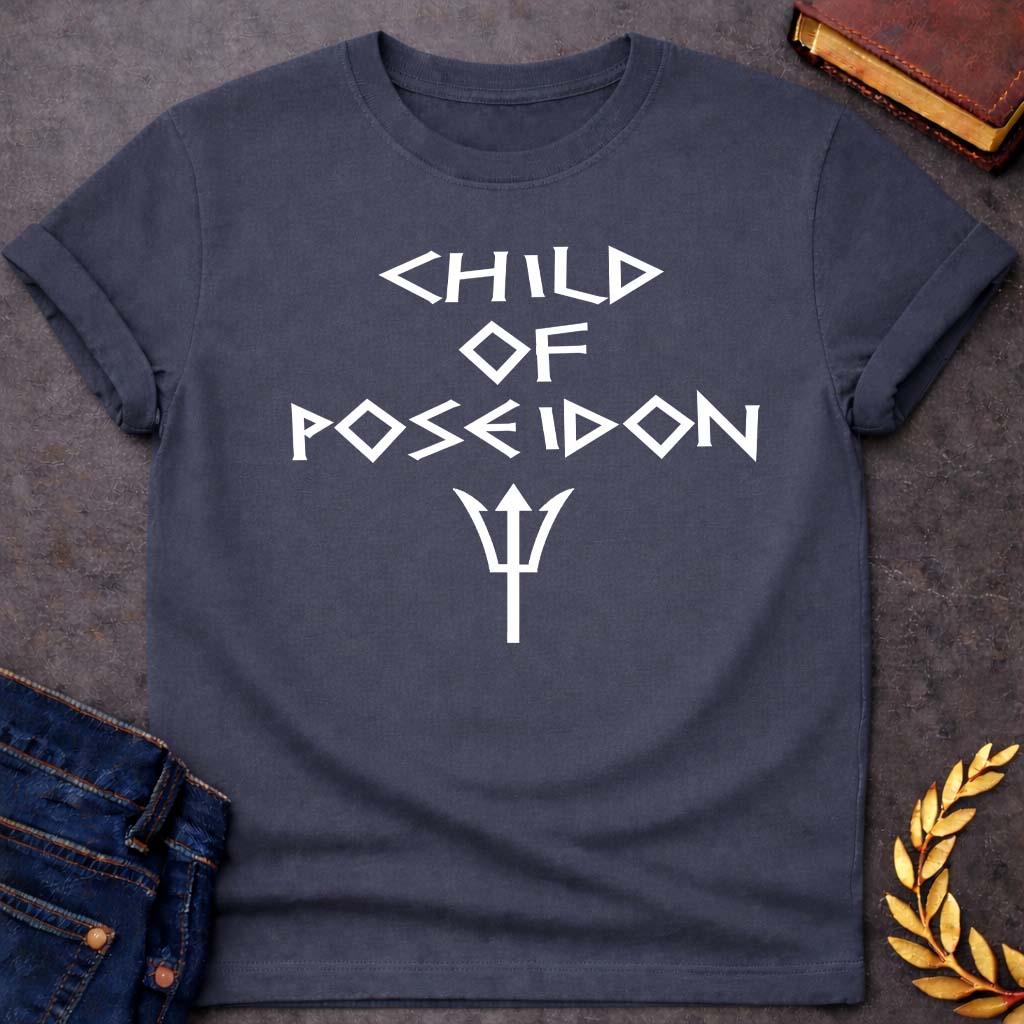 Child of Poseidon Greek Mythology Adult T-Shirt featuring trident, ocean waves, sea god symbolism in Greek mythology design