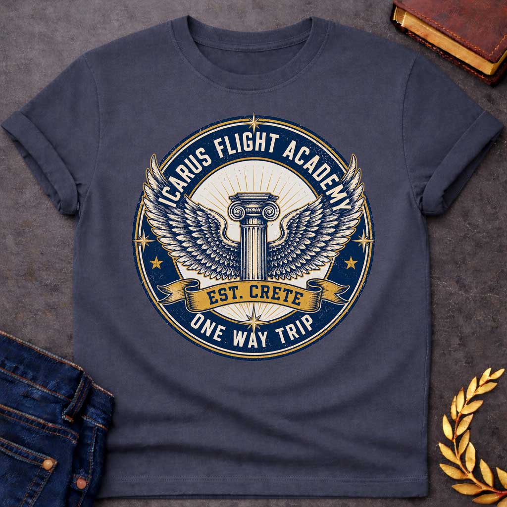 Dark Heather t-shirt A circular, distressed vintage emblem design. At the center of a cream circle, a classic Greek Ionic column sprouts a large pair of detailed, spreading wings. A dark blue outer ring features the text "ICARUS FLIGHT ACADEMY" at the top and "ONE WAY TRIP" at the bottom. A golden banner across the center reads "EST. CRETE," adding a dark humor twist to the mythological flight.