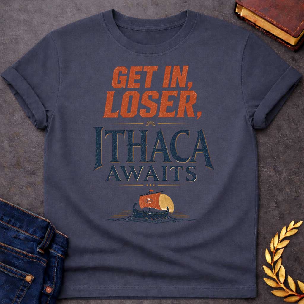 Dark Heather t-shirt with a Funny Greek mythology design inspired by The Odyssey, featuring bold distressed text reading "Get In, Loser, Ithaca Awaits." A small ancient Greek ship sails beneath a golden sun, creating a playful twist on Odysseus' legendary voyage home to Ithaca. Vintage navy, terracotta, and gold colors complete the adventurous design.