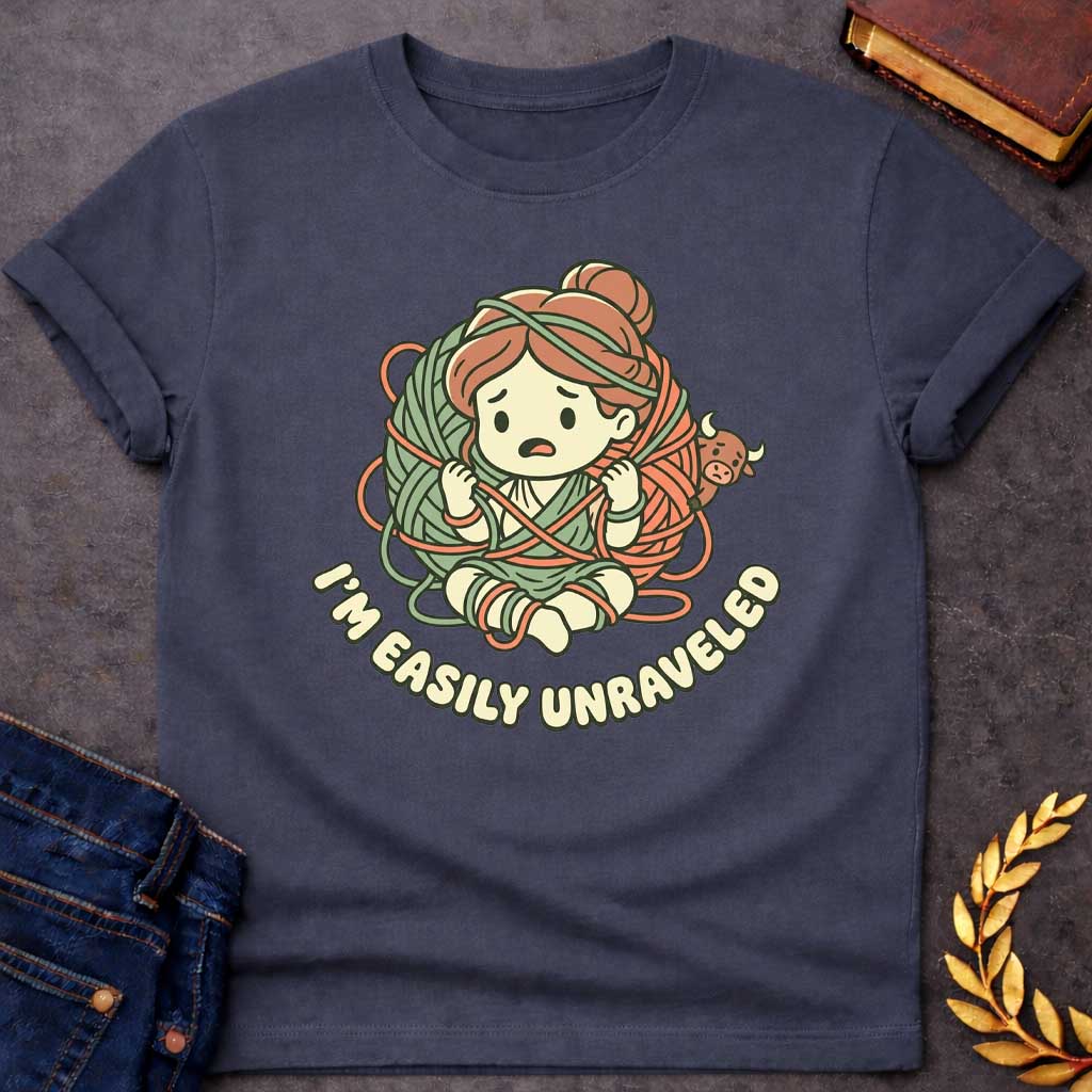 Dark Heather T-shirt with A cute chibi-style t-shirt graphic. A worried cartoon Ariadne sits tangled inside a giant ball of green and orange yarn, while a tiny, peekaboo Minotaur looks on from behind. Below the illustration, the punny tagline "I'M EASILY UNRAVELED" arcs gracefully in a bubbly, retro font. The design features a charming pastel color palette of muted sage green, terracotta orange, and cream.