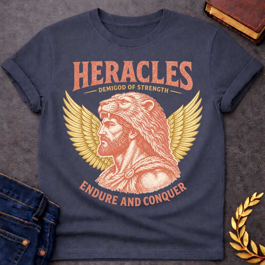 Dark Heather t-shirt with a Vintage Heracles Greek mythology design featuring the legendary demigod of strength in profile wearing the Nemean lion skin, framed by detailed golden wings. Distressed coral and gold artwork creates an antique classical look with bold text reading “Heracles Demigod of Strength” and “Endure and Conquer.”