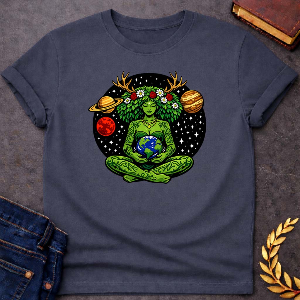 Gaia Cosmic Mother Earth Art Greek Mythology Adult Shirt featuring detailed Greek mythology artwork, symbolic design, and bold graphic style