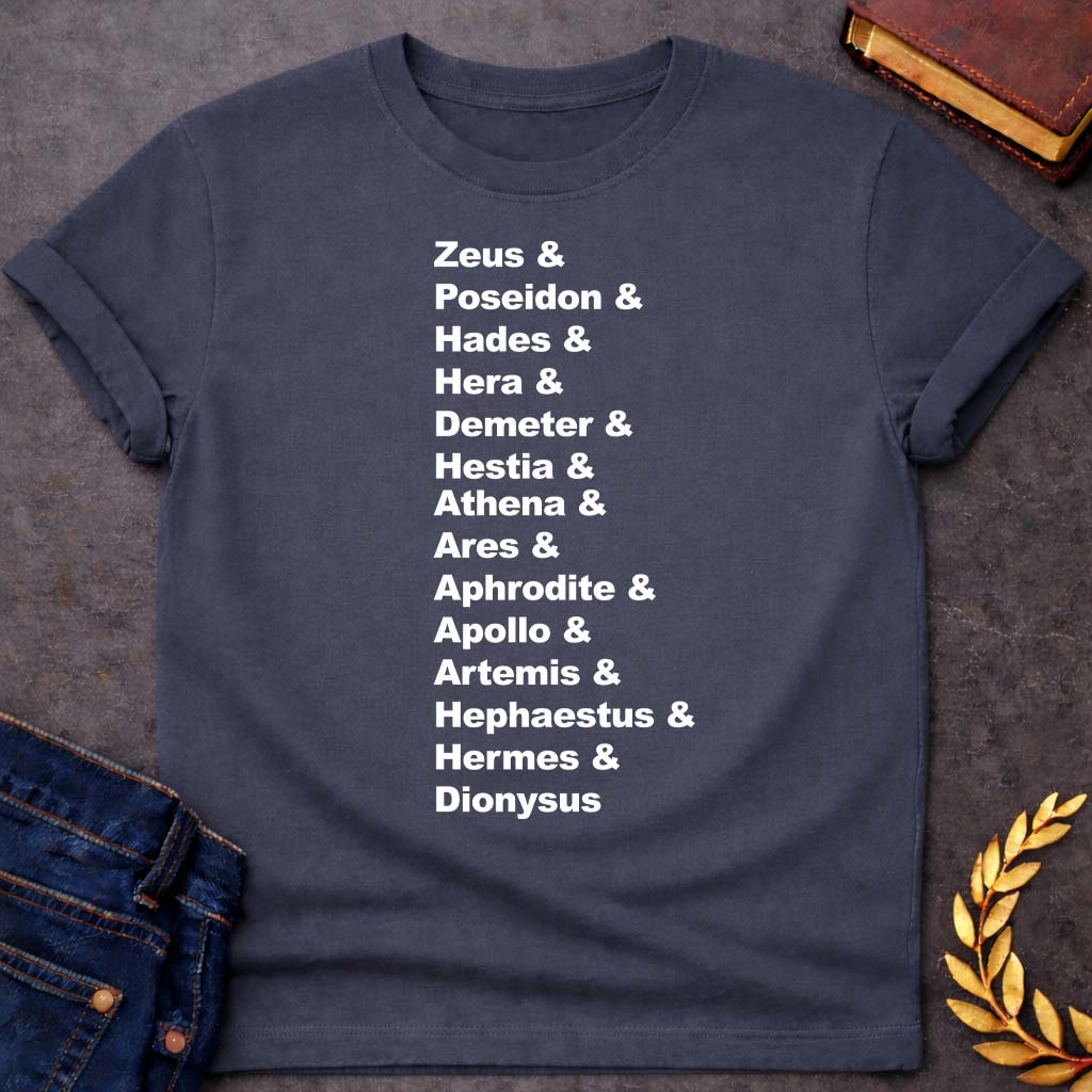greek mythology god names unisex softstyle adult t shirt featuring detailed Greek mythology artwork, symbolic design, and bold graphic style