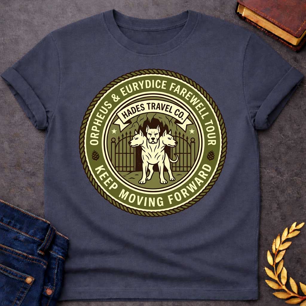 Dark Heather t-shirt in vintage travel-badge style: three-headed Cerberus stands guard before an underworld cave gate. Olive green and cream circular design with rope border reads "Orpheus & Eurydice Farewell Tour" above and "Keep Moving Forward" below, with pinecone icons and stars flanking the scene.