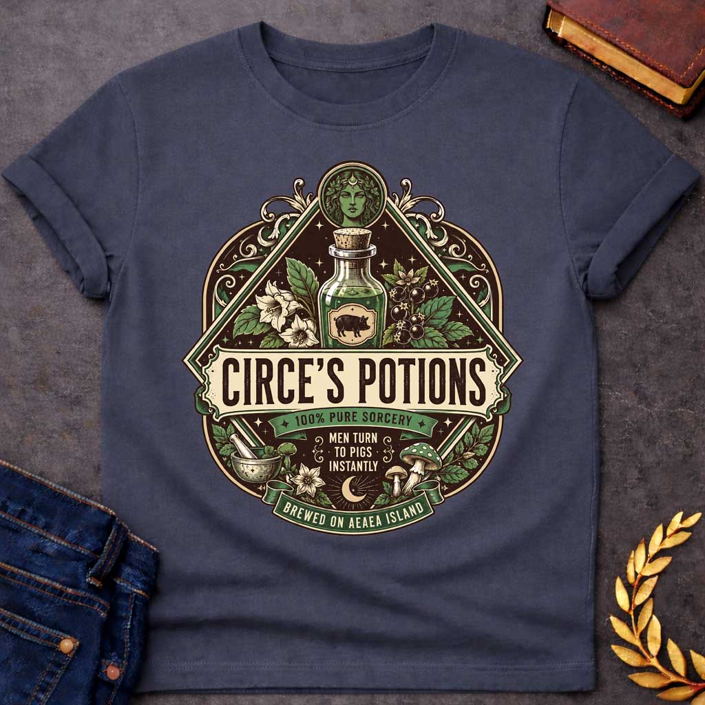 Dark Heather T-shirt with an ornate, vintage apothecary-style t-shirt graphic for "circe's potions.jpg". At the top, a portrait of the goddess Circe sits above a glass potion bottle featuring a pig label, surrounded by magical herbs. A central banner reads "CIRCE'S POTIONS" in a bold serif font. Additional labels read "100% PURE SORCERY," "MEN TURN TO PIGS INSTANTLY," and "BREWED ON AEAEA ISLAND" amidst a mortar, pestle, and mushrooms