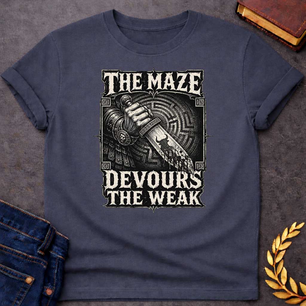 Dark Heather T-shirt with A Heavy metal aesthetic featuring a muscular clenched fist gripping a bloodstained sword pointing downward through concentric circular maze patterns in the background. Black and white engraving style with ornate decorative border and Greek key patterns in corners. Text reads 'The Maze Devours The Weak' in aggressive metal lettering. Merges Greek labyrinth mythology with dark warrior imagery, celebrating brutal power and survival of the strong.