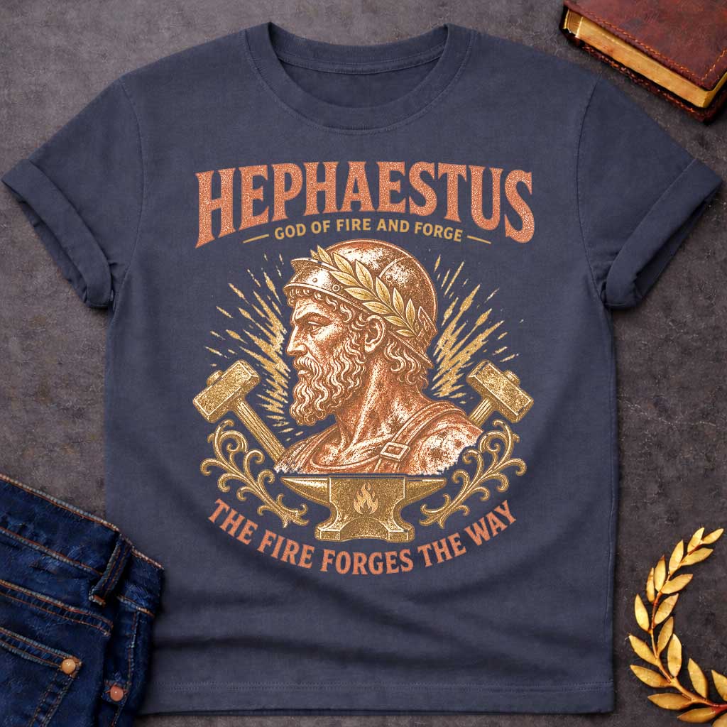 Dark Heather t-shirt with a Vintage Hephaestus Greek mythology shirt design featuring the bearded God of Fire and Forge wearing a classical helmet and laurel crown. He is framed by crossed blacksmith hammers, fiery sparks, ornate details, and an anvil with a flame symbol. Distressed coral and gold artwork includes the text “Hephaestus God of Fire and Forge” and “The Fire Forges the Way.”