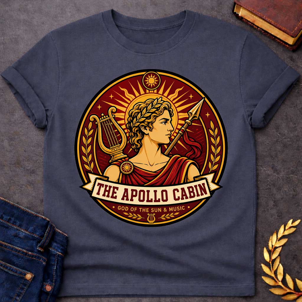 Dark Heather t-shirt with a Apollo Greek mythology cabin design featuring the god of the sun and music wearing a golden laurel crown, framed by a radiant sun, lyre, spear, stars, and laurel branches. Rich red, gold, and cream circular camp-style emblem includes the text “The Apollo Cabin” and “God of the Sun & Music.