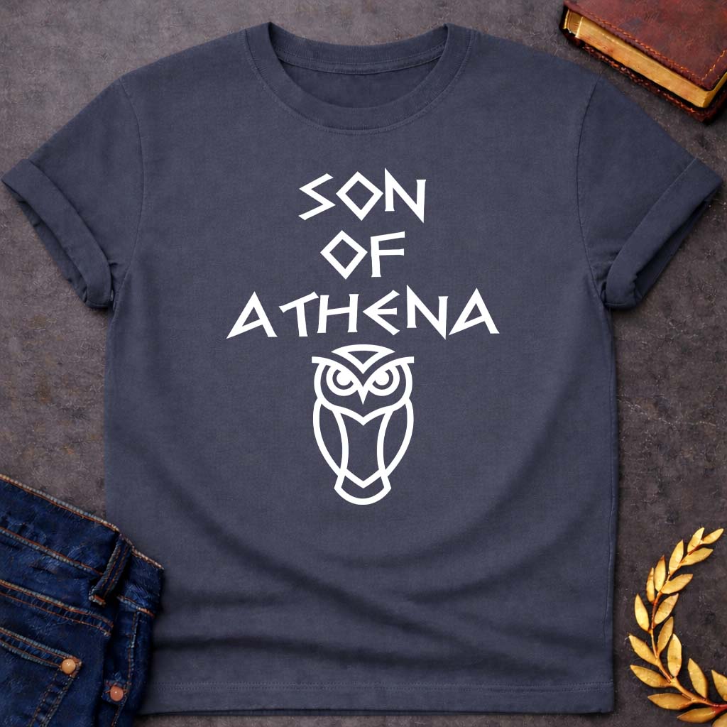 Son of Athena Greek Mythology Adult T-Shirt featuring owl, laurel wreath, wisdom symbolism in vintage Greek mythology design
