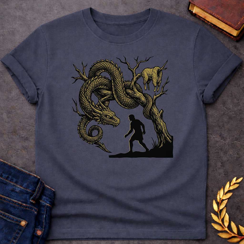 Dark Heather T-shirt with A dramatic woodcut-style t-shirt design. In a high-contrast black and gold aesthetic, the black silhouette of a Greek warrior approaches a gnarled, leafless tree. Coiled tightly around the branches is a massive, detailed golden dragon with sharp scales, staring down closely at the hero. Hanging from a branch high in the tree is the golden fleece of a ram.