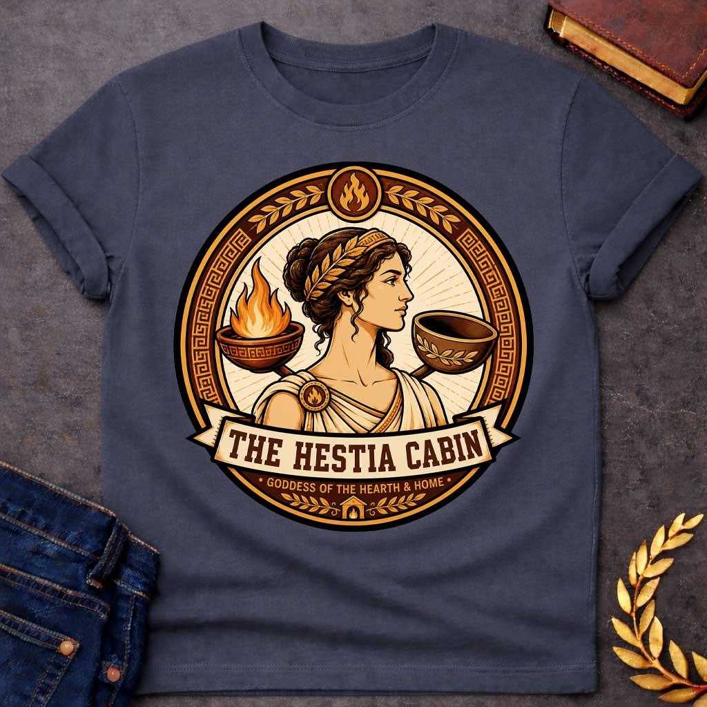 Dark Heather t-shirt with a Hestia Greek mythology cabin design featuring the goddess of the hearth and home wearing a laurel crown and classical robes, framed by a burning hearth bowl, ceremonial vessel, flame symbols, laurel leaves, and Greek key patterns. Warm gold and brown circular emblem includes the text “The Hestia Cabin” and “Goddess of the Hearth & Home,”
