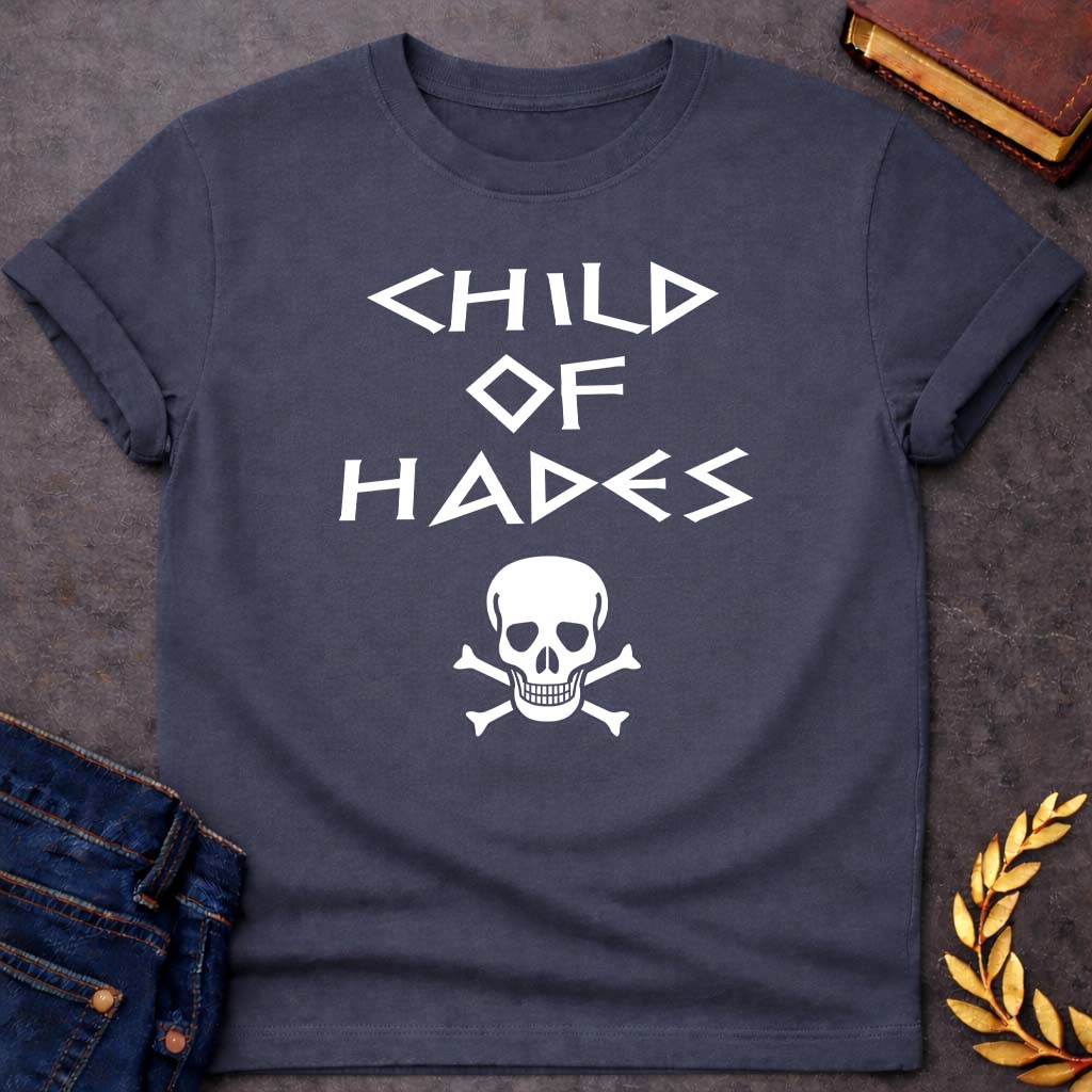 Child of Hades Greek Mythology Adult T-Shirt featuring underworld king, skull motifs, dark Greek mythology design