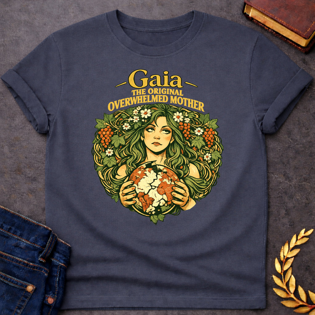 gaia overwhelmed mother greek mythology adult shirt featuring detailed Greek mythology artwork, symbolic design, and bold graphic style