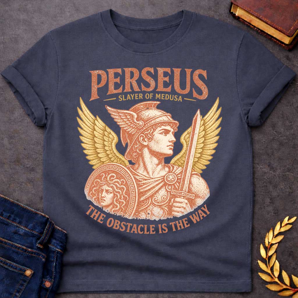 Dark Heather t-shirt with a Vintage Perseus Greek mythology design featuring the heroic slayer of Medusa wearing a winged helmet and holding a sword and shield decorated with Medusa’s head. Golden wings frame the distressed terracotta illustration with the text “Perseus,” “Slayer of Medusa,” and “The Obstacle Is the Way.”