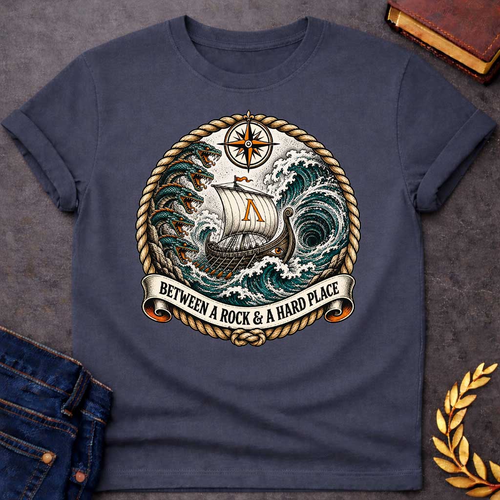Dark Heather t-shirt in nautical tattoo style, referencing Scylla and Charybdis: a Greek ship with an eye-painted hull and Lambda-marked sail sails between six-headed serpent Scylla and a swirling whirlpool. A compass rose sits above, with the design bordered by twisted rope and a ribbon banner reading the title below.