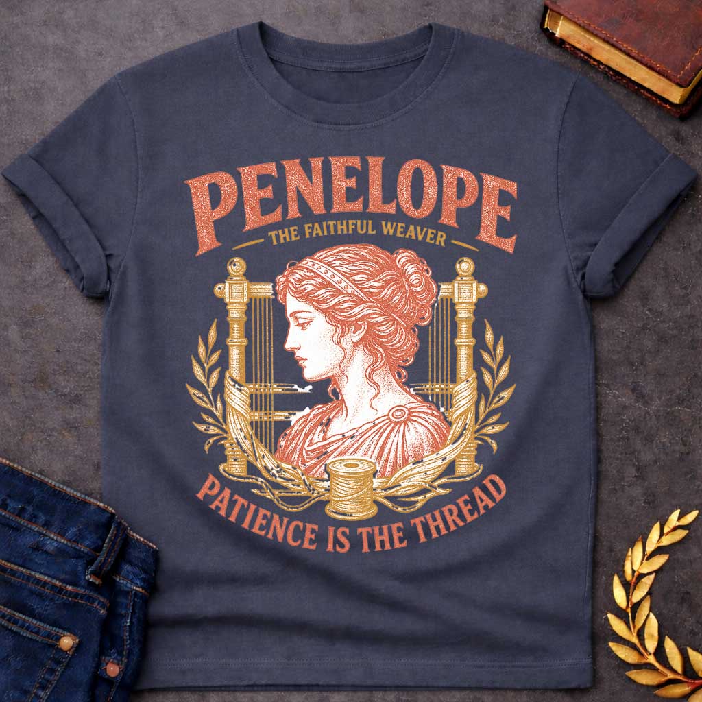 Dark Heather t-shirt with a Vintage Penelope Greek mythology design featuring the faithful weaver in profile, framed by an ancient loom, laurel branches, flowing thread, and a spool. Distressed terracotta and gold artwork includes the text “Penelope,” “The Faithful Weaver,” and “Patience Is the Thread,” inspired by her loyalty and perseverance in The Odyssey.