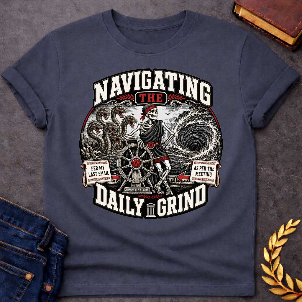 Dark Heather t-shirt with A skeleton in a toga casually leans on a ship's wheel between a multi-headed sea monster and a churning whirlpool. Bold text reads "NAVIGATING THE DAILY GRIND," with side scrolls humorously labeled "PER MY LAST EMAIL" and "AS PER THE MEETING."