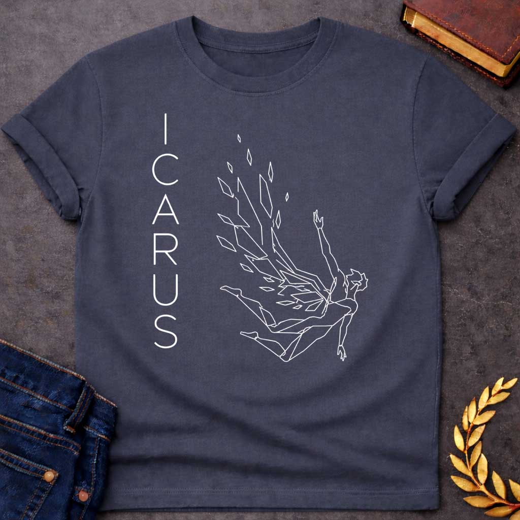 Dark Heather t-shirt in minimalist geometric line-art style: a falling figure with fragmented, angular wings shedding scattered diamond-shaped feathers as he tumbles, one arm reaching upward. Thin white outline drawing with "Icarus" spelled vertically in narrow letter spaced type on the left.