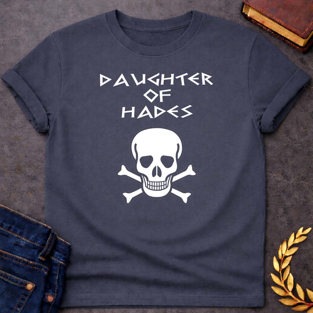 Daughter of Hades Greek Mythology Adult T-Shirt featuring underworld king, skull motifs, dark Greek mythology design