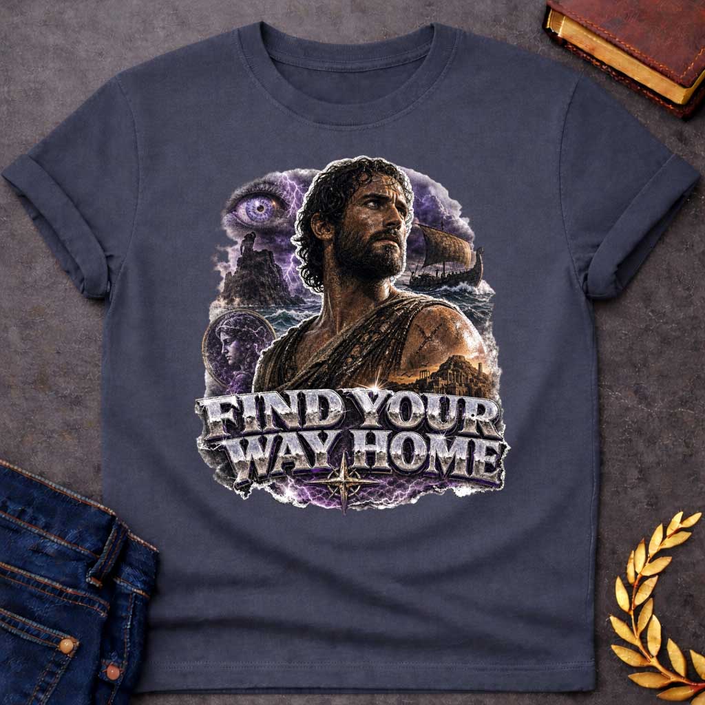 Dark Heather t-shirt with an Epic Greek mythology design featuring Odysseus against a stormy seascape with lightning, a sailing ship, ancient ruins, and a mysterious watchful eye. A portrait of a woman appears within the dramatic collage, symbolizing his journey back to Ithaca. Bold metallic lettering reads "Find Your Way Home," capturing the adventure and perseverance of The Odyssey.