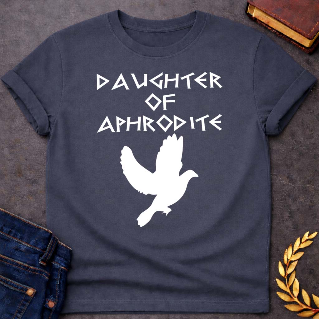 Daughter of Aphrodite Greek Mythology Adult T-Shirt featuring detailed Greek mythology artwork, symbolic design, and bold graphic style