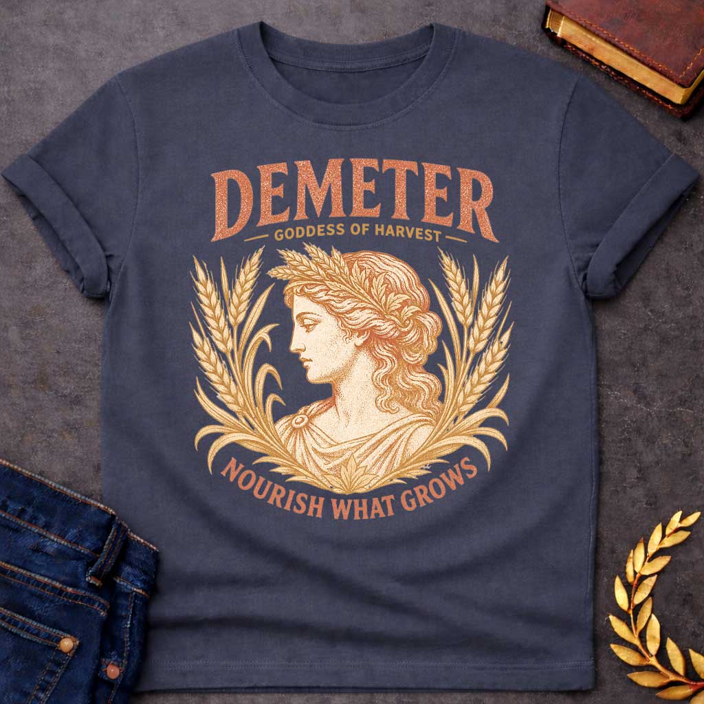 Dark Heather t-shirt with a Vintage Greek mythology design featuring Demeter, goddess of harvest, framed by golden wheat and grain. Distressed coral and gold artwork shows the goddess wearing a wheat crown with the text “Demeter Goddess of Harvest” and “Nourish What Grows,” celebrating nature, agriculture, and abundance.