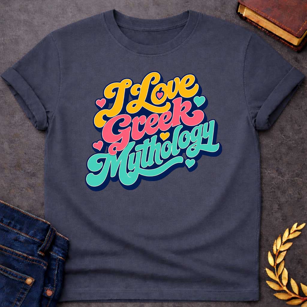 Dark Heather t-shirt with a Colorful retro typography design featuring the phrase "I Love Greek Mythology" in bold, flowing script. Bright yellow, coral pink, and turquoise lettering is layered over a dark navy outline and surrounded by playful heart accents. The vibrant vintage-inspired design celebrates a love of Greek myths, gods, goddesses, heroes, and ancient legends.