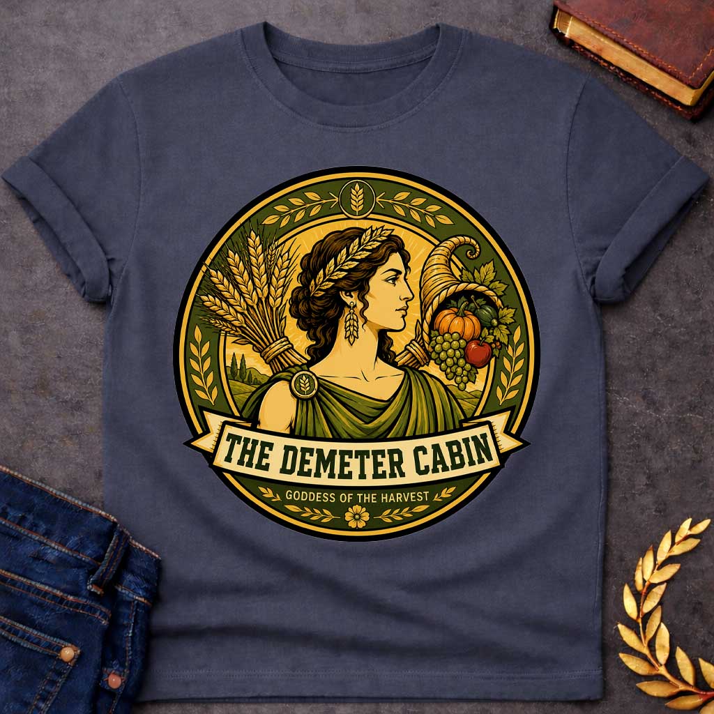 Dark Heather t-shirt with a Demeter Greek mythology cabin design featuring the goddess of the harvest wearing a golden wheat crown, surrounded by bundles of wheat, a cornucopia filled with grapes, pumpkin, apple, and other crops. Olive green and gold circular camp-style emblem includes the text “The Demeter Cabin” and “Goddess of the Harvest.”
