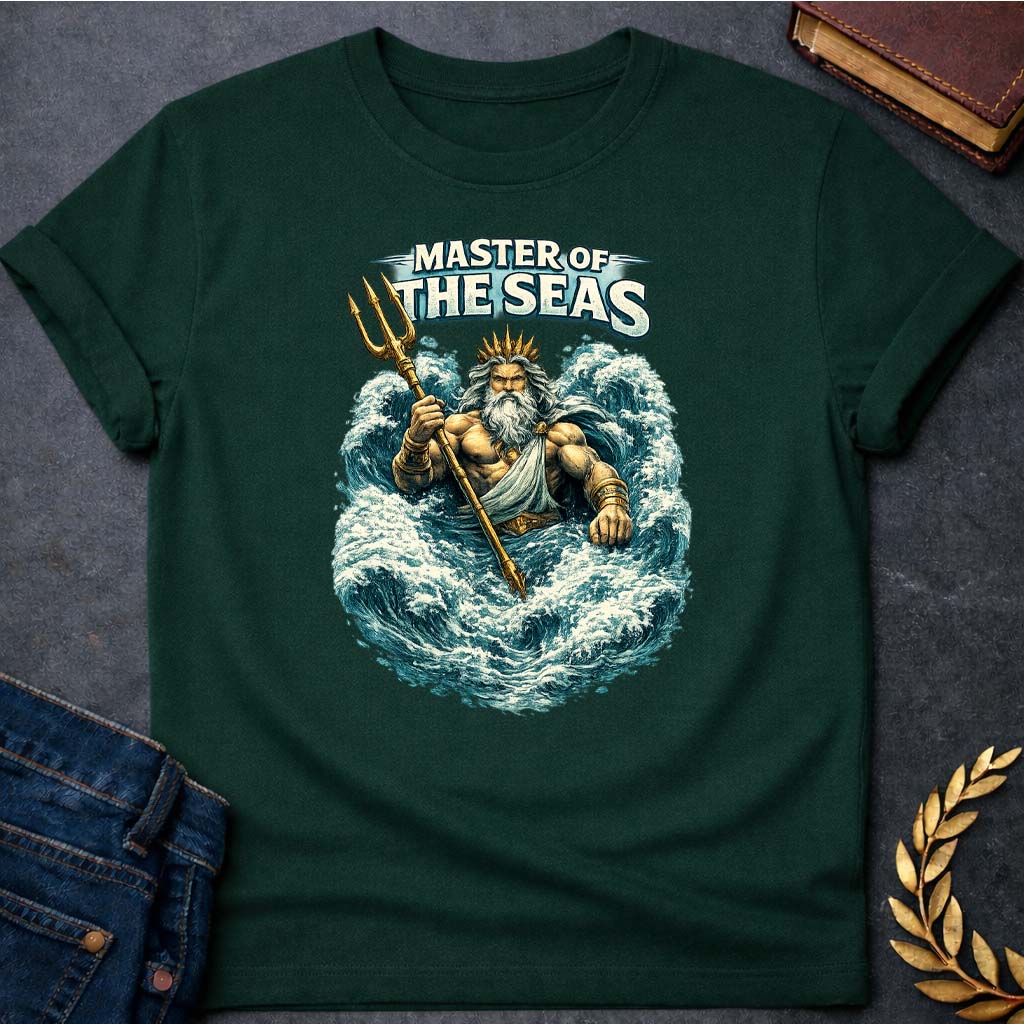 poseidon master to the seas greek mythology unisex softstyle t shirt featuring trident, ocean waves, sea god symbolism in Greek mythology design