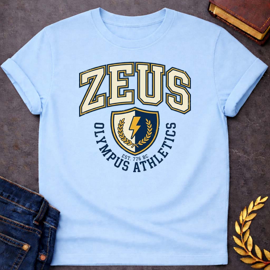 zeus olympus athletics greek mythology youth t shirt featuring lightning bolt, sky god power symbolism in bold Greek mythology design