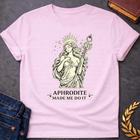 Aphrodite Made Me Do It Greek Mythology Youth T-Shirt featuring detailed Greek mythology artwork, symbolic design, and bold graphic style