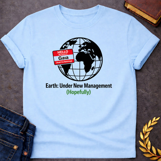 gaia earth under new managment greek mythology adult shirt featuring detailed Greek mythology artwork, symbolic design, and bold graphic style