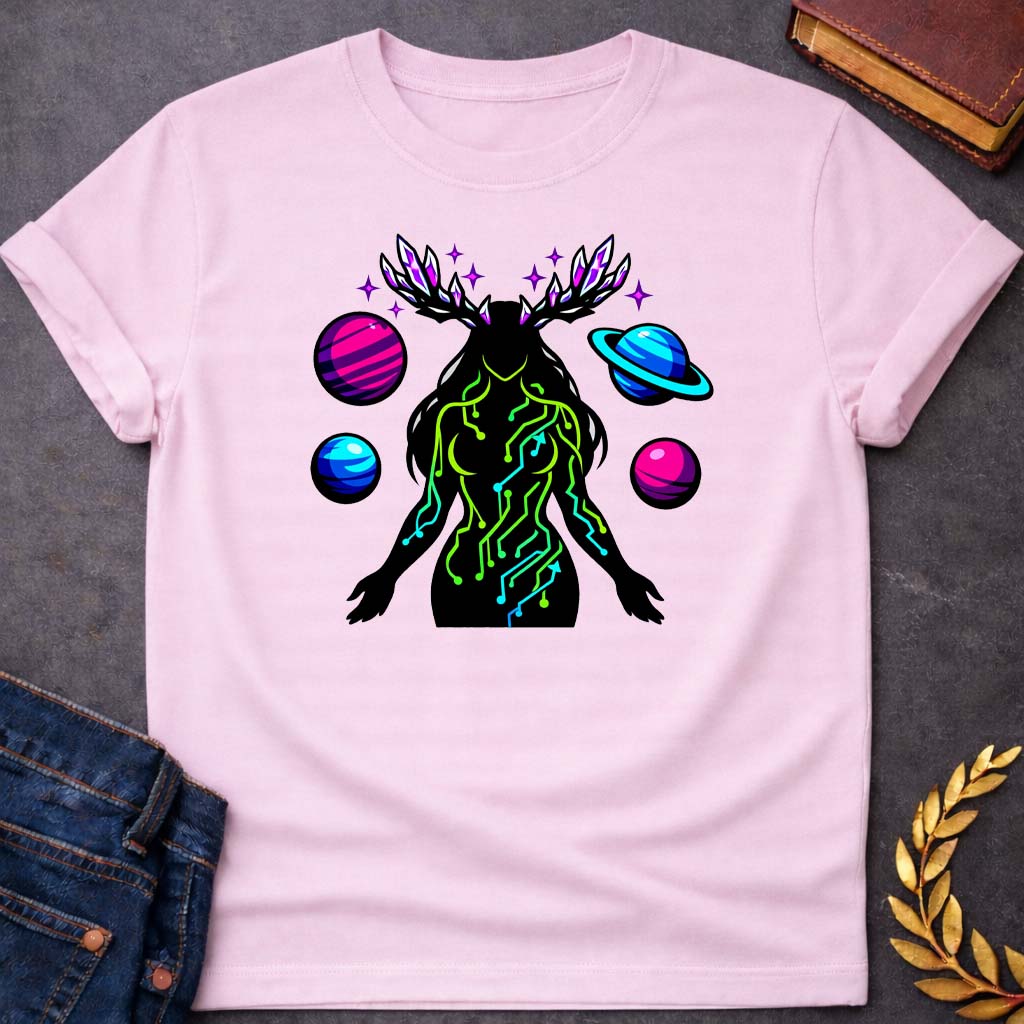 gaia earth goddess greek mythology neon style youth shirt featuring detailed Greek mythology artwork, symbolic design, and bold graphic style