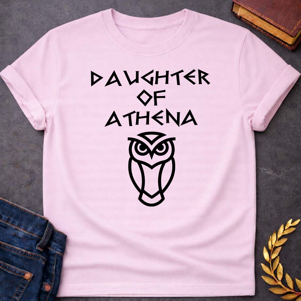 daughter of athena unisex softstyle adult t shirt featuring owl, laurel wreath, wisdom symbolism in vintage Greek mythology design