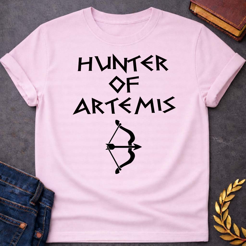 hunter of artemis unisex softstyle adult t shirt featuring detailed Greek mythology artwork, symbolic design, and bold graphic style