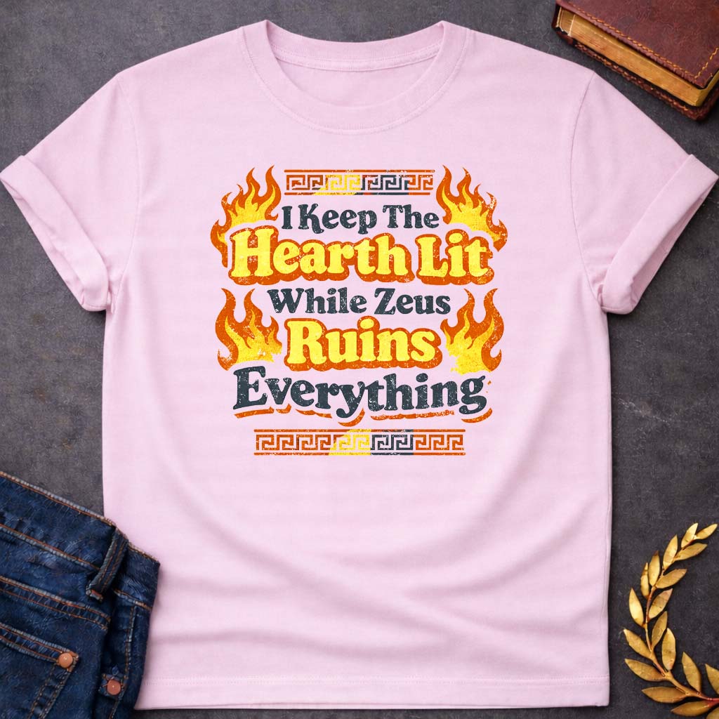 hestia i keep the hearth lit greek mythology youth t shirt featuring detailed Greek mythology artwork, symbolic design, and bold graphic style
