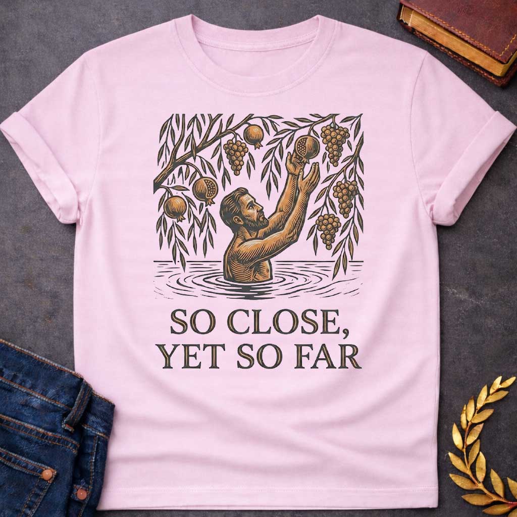 Light Pink t-shirt with A woodcut-style illustration. A bearded man stands waist-deep in rippling water, reaching both arms upward toward hanging fruit branches heavy with grapes and pomegranates just out of his grasp. Centered below the detailed linework illustration, bold, shadowed serif text reads "SO CLOSE, YET SO FAR"