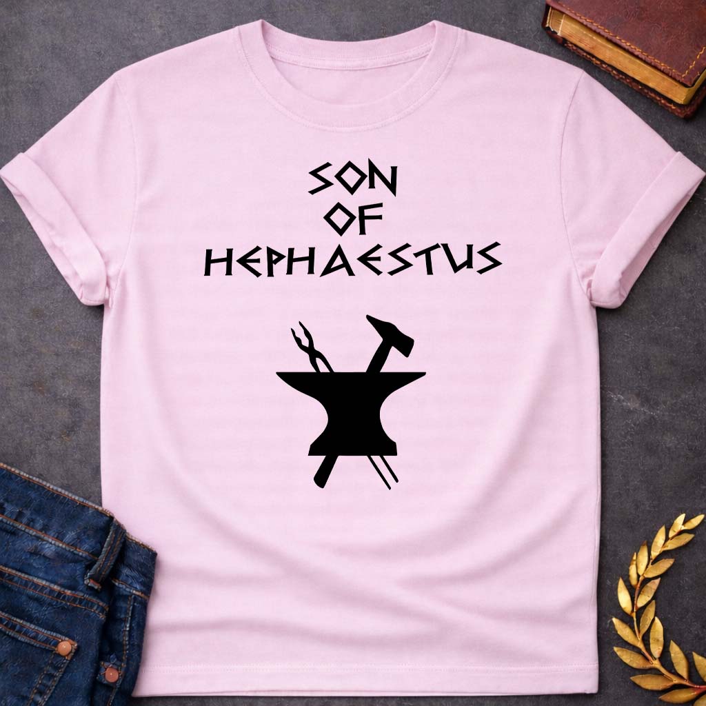 son of hephaestus greek mythology unisex softstyle adult t shirt featuring blacksmith hammer, forge sparks, fire god symbolism in industrial mythology design