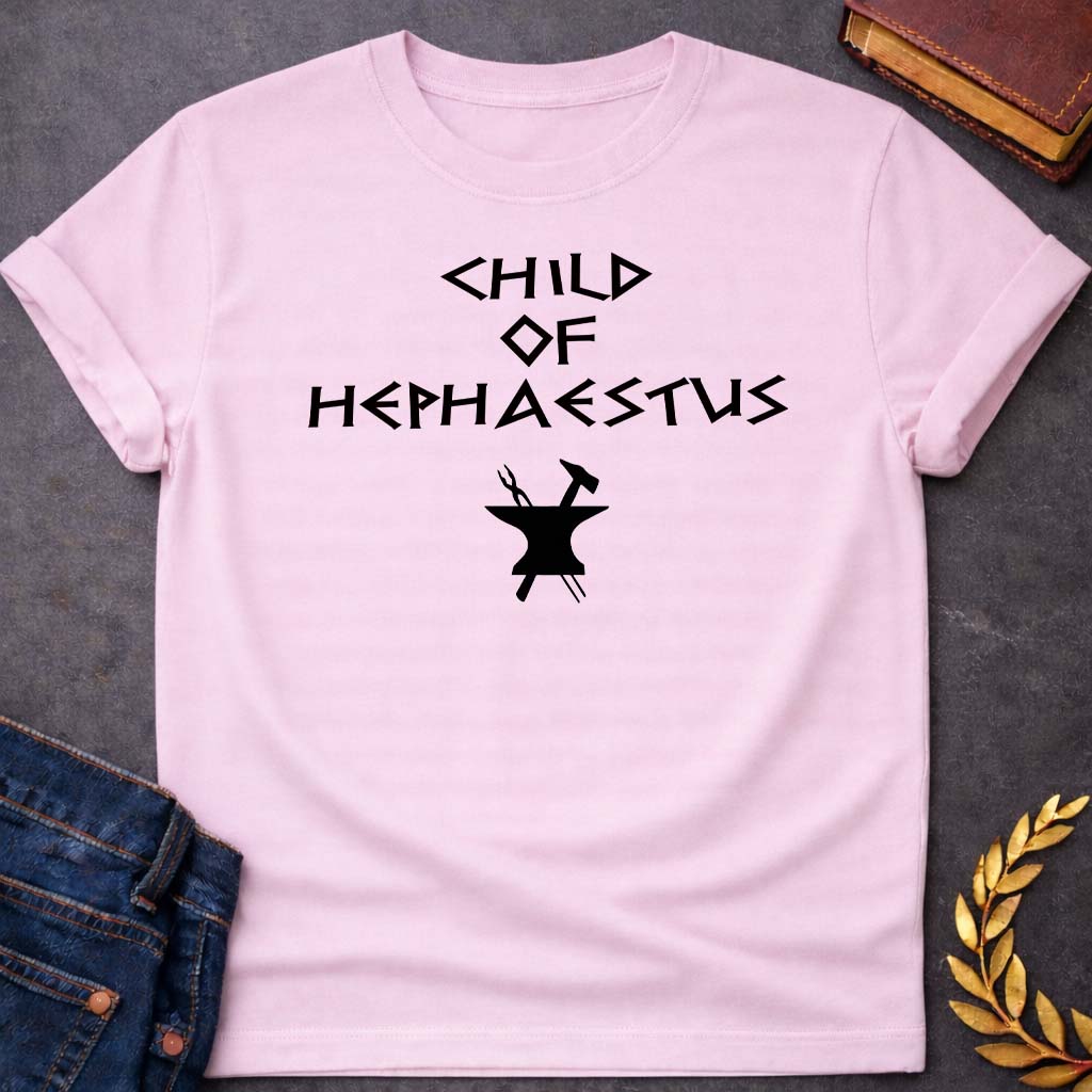 child of hephaestus greek mythology unisex softstyle adult t shirt featuring blacksmith hammer, forge sparks, fire god symbolism in industrial mythology design