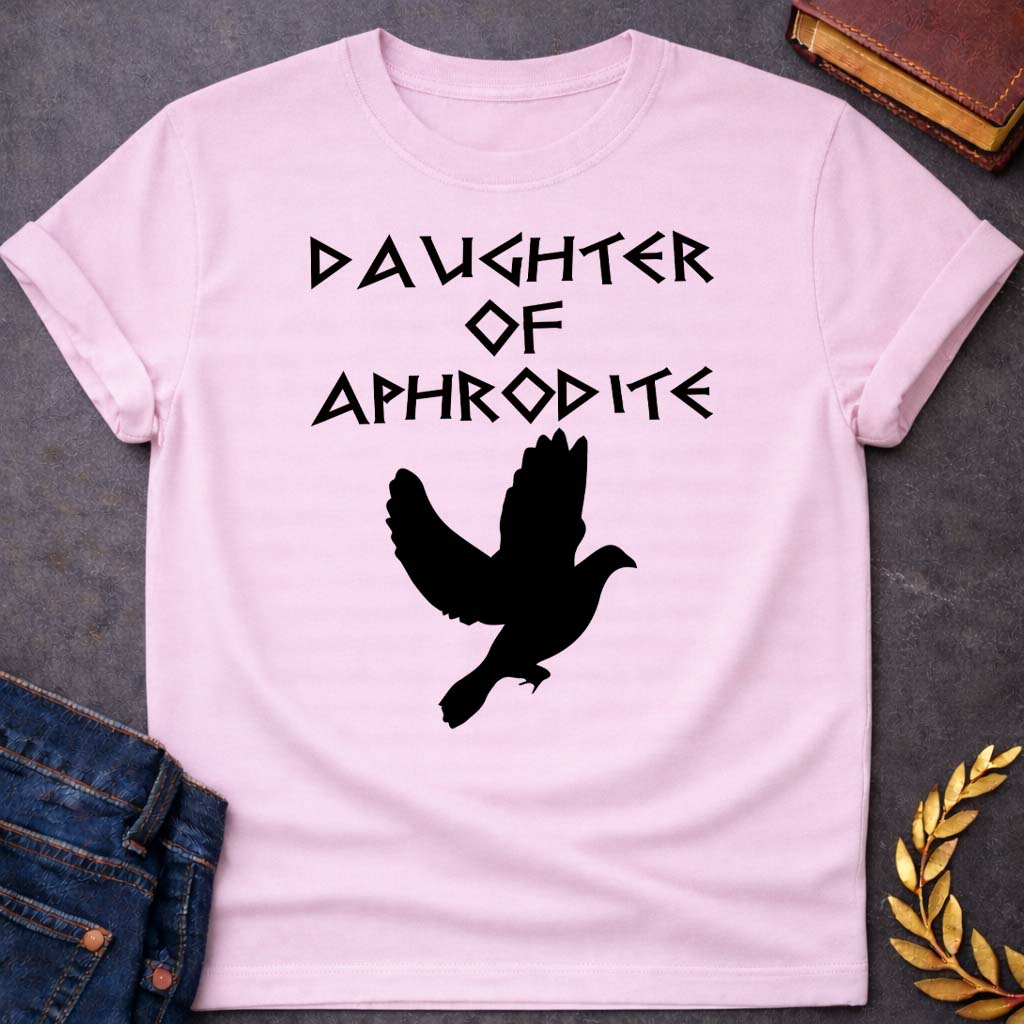 daughter of aphrodite unisex softstyle adult t shirt featuring detailed Greek mythology artwork, symbolic design, and bold graphic style