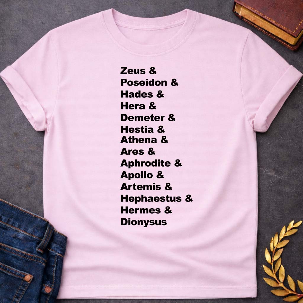 greek mythology god names unisex softstyle adult t shirt featuring detailed Greek mythology artwork, symbolic design, and bold graphic style