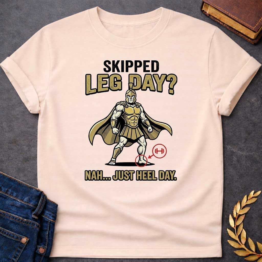 Natural T-Shirt with a humorous cartoon combining Greek mythology with gym culture. A muscular Greek warrior in heroic stance wears gold Corinthian helmet, armor with defined abs, pleated skirt, and cape. The warrior has an exaggerated upper body but the left heel is circled in red with an arrow pointing to a barbell icon. Text reads 'SKIPPED LEG DAY?' above and 'NAH... JUST HEEL DAY' below. Comedic mashup referencing Achilles' vulnerable heel and the modern fitness joke about skipping leg day.