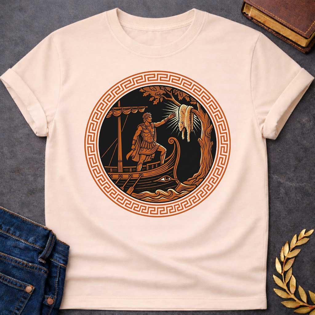 Natural T-shirt with An ancient Greek pottery-style emblem t-shirt design. Inside a prominent terracotta circular frame featuring a classic meander key pattern, a black-figure style illustration depicts a muscular hero standing on the prow of a wooden ship. He reaches a hand out toward the glowing Golden Fleece hanging from a nearby tree branch, rendered in a bold black, white, and terracotta palette.